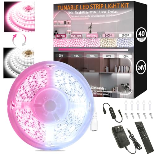 Pink & White LED Strip Light Kit for Bedroom, 40 Ft LED Lights Strip, 24V Dual Tunable Rope Light with Dimming & Color Temperature Adjustment for Living Room, Mirror, Home Lighting - color: Pink & White, size: 40 FT