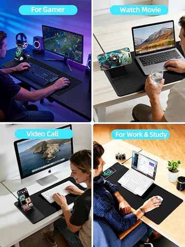 Mouse Pad with Magnetic Wireless Charging & Adjustable Phone Stand | 27.5"x11.8" Computer Mouse Mat with Anti-Slip Base & Stitched Edge, Easy Gliding, Spill-Resistant Surface, Black - color: Black-Magnetic Stand-27.5"x11.8"-Left