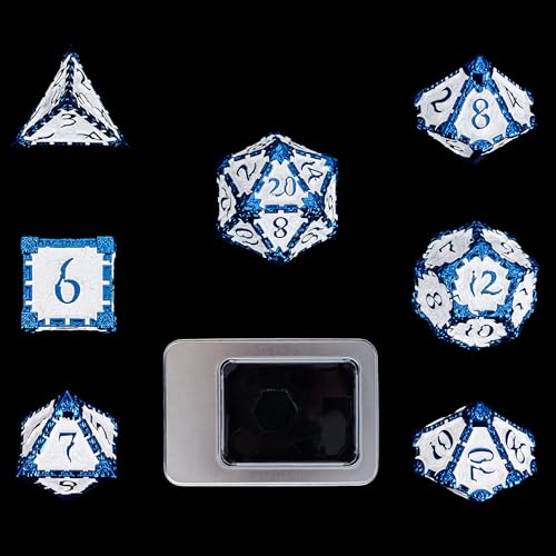 Cusdie 7pcs Metal DND Dice with Tin Box, Dagger Design Polyhedral Die Set, for Role Playing Game D&D Dice Pathfinder (Blue White) - color: Blue White