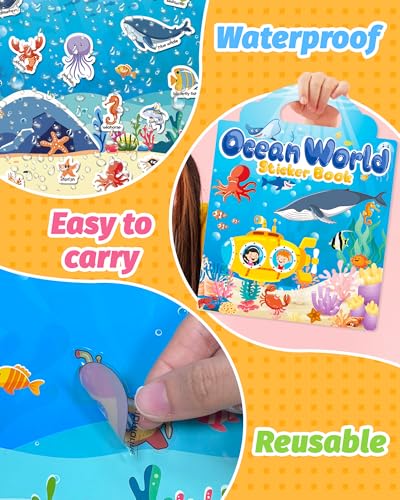 Walenced Reusable Sticker Book for Toddlers, Travel Stickers for Kids, Toddler Craft Activities Toys, Birthday Gifts for Boys & Girls - style: Ocean