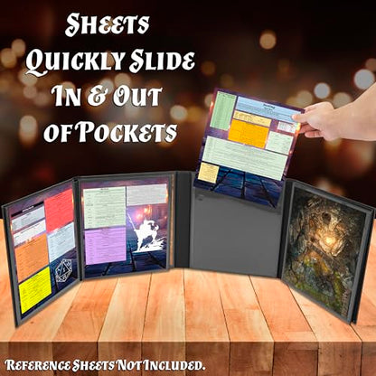CASEMATIX DM Screen Faux Leather 8-Panel Deluxe GM Screen - Eight Panel Folding Game Master Screen with 2 Swinging Panels and Wet Erase Pockets for TTRPGs, Inserts Not Included, Black - color: Black