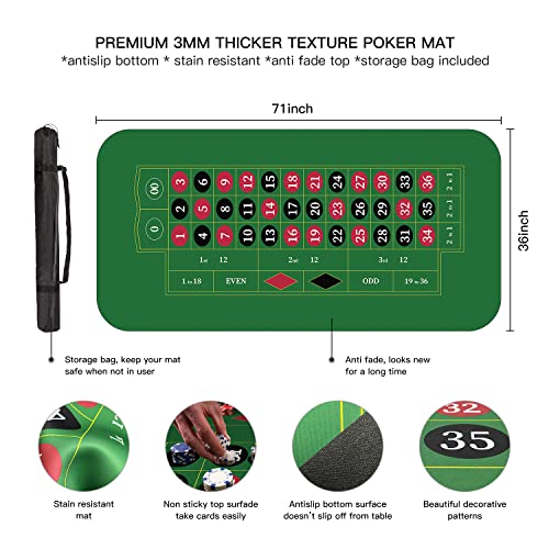 YUZPKRSI 70" x 35" Roulette Casino Mat, Roll-up Poker Mat for Table with Carrying Bag, Professional Poker Table Mat Layout, Non-Slip Rubber Poker Table Top Cover for Parties, Poker Game Night - color: Dark Green-roulette