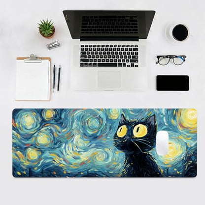 Gaming Mouse Pad, Big Cute Mousepad, XL Large Extended Desk Mat with Non-Slip Rubber Base, Laptop Desk Pad, Computer Keyboard Mat Office&Home, 31.5x11.8in, Starry Night Black Cat - color: Starry Night Cat