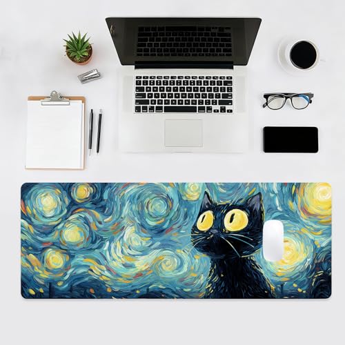 Gaming Mouse Pad, Big Cute Mousepad, XL Large Extended Desk Mat with Non-Slip Rubber Base, Laptop Desk Pad, Computer Keyboard Mat Office&Home, 31.5x11.8in, Starry Night Black Cat - color: Starry Night Cat