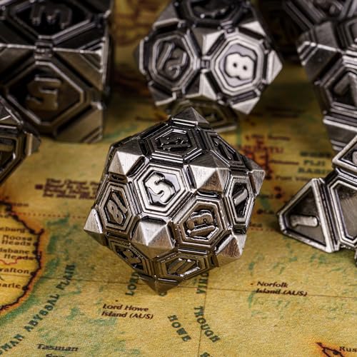 Metal UFO Dice Set, 7 Die Metal Polyhedral Dice Set for DND Dungeons and Dragons Role Playing Games,with Skull Bag.(Ancient Nickel) - color: Ancient Nickel