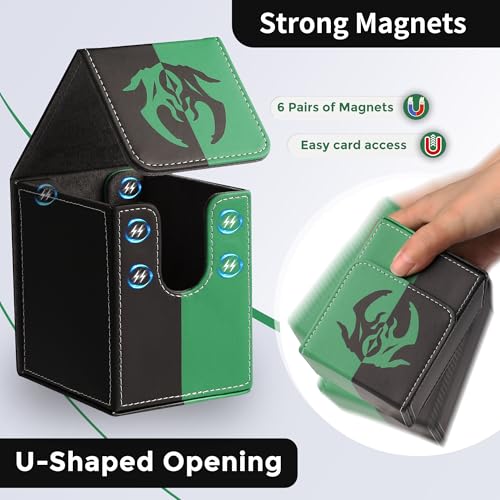 Card Deck Box with 2 Dividers, MTG Commander Deck Box Holds 100+ Double-Sleeved Cards, Leather Magnetic Deck Case Compatible with Magic TCG CCG Cards, Black/Green - color: 1. Black & Green, size: 100 Double-sleeved Cards Vertical