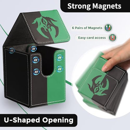 Card Deck Box with 2 Dividers, MTG Commander Deck Box Holds 100+ Double-Sleeved Cards, Leather Magnetic Deck Case Compatible with Magic TCG CCG Cards, Black/Green - color: 1. Black & Green, size: 100 Double-sleeved Cards Vertical