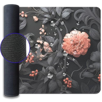 Black Floral Large Mouse Pad Desk Pad,27.5x11.8 in Extended Keyboard Mousepad with Stitched Edges, Waterproof Non-Slip Rubber Base for Office Computer Laptop Home - color: Black Flower