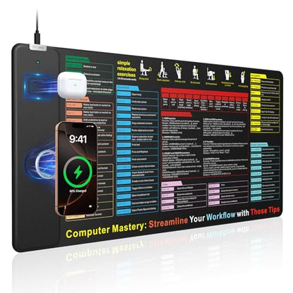 Excel Cheat Sheet Mouse Pad with Magnetic Wireless Charging, 31.5 x 15.8 in | Extended Excel Shortcuts Desk Writing Pad, Waterproof Ultra-Smooth Keyboard Mat, Non-Slip Base - color: Black-Excel Formulas-31.5"x15.8"
