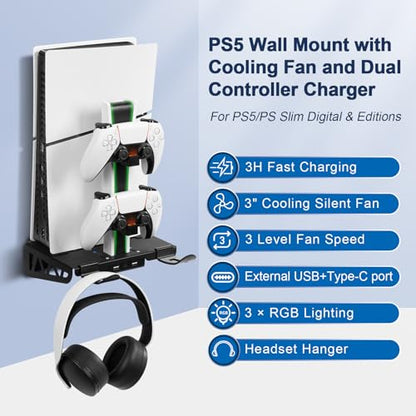 WishJazz PS5/Slim/Pro Wall Mount Kit with Cooling Fan & Charging Station, PS5 Shelf Wall Mount Accessories, Steel Wall Stand with Dual Controller Charger, Headset Hanger for All PS5 Versions