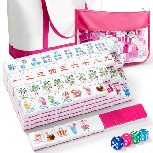 Soulchen 1.2 Inch Summer Beach Themed American Mahjong Tiles Set | Complete 168 Hawaii Melamine Tiles with Dice Large Tote Bag Portable Pouch for Travel Game Night Vacation Collection Gift - color: Rose Red, style: Beach Vacation