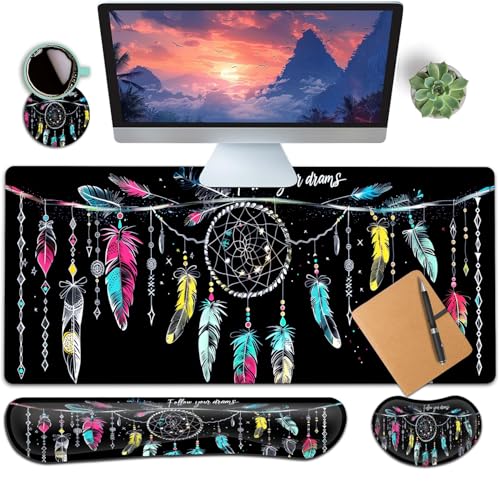 Large Gaming Mouse Pad+ Keyboard Wrist Rest Set, Ergonomics Memory Foam Mouse Mat Wrist Rest Support for Home Office, Waterproof Extended Mousepad 31.5x11.8in, Dream Catcher Black Desk Pad - color: Yvb-mousepad-9-f-167