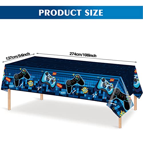 Video Game Rectangular Tablecloth, 3 Pcs Blue PE Plastic Disposable, 54'' x 108'', for Boys Gamer Birthday Party Decorations | Disposable PE plastic covers for boys' gamer birthdays, arcade parties, e-sports events, game rooms, and outdoor picnics