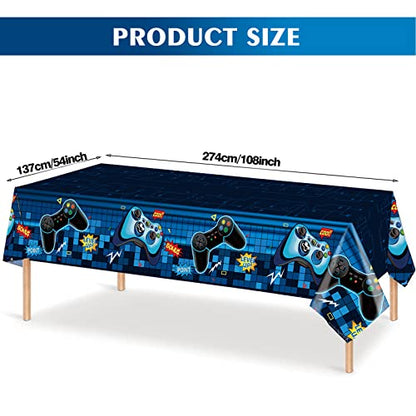Video Game Rectangular Tablecloth, 3 Pcs Blue PE Plastic Disposable, 54'' x 108'', for Boys Gamer Birthday Party Decorations | Disposable PE plastic covers for boys' gamer birthdays, arcade parties, e-sports events, game rooms, and outdoor picnics