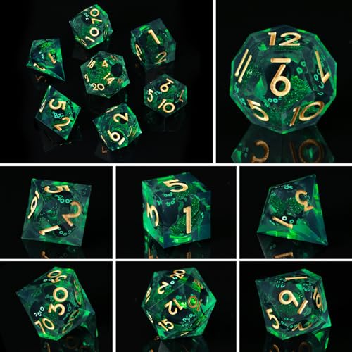 Liquid Core DND Dice Set, 7 Pcs Resin Sharp Edge Polyhedral Dice Quicksand Cat D&D Dice for Dungeons and Dragons RPG Role Playing Table Games