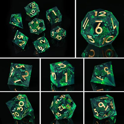Liquid Core DND Dice Set, 7 Pcs Resin Sharp Edge Polyhedral Dice Quicksand Cat D&D Dice for Dungeons and Dragons RPG Role Playing Table Games