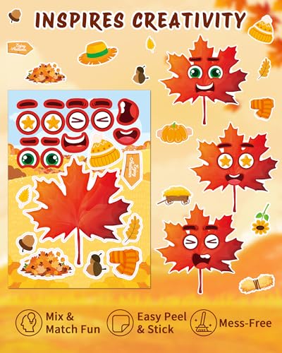 Aowplc 48 Sheets Fall Make a Face Stickers, 12 Designs Fun Fall Crafts for Kids, Autumn Festival Party Favors, Classroom Activities & Games - style: Fall Harvest