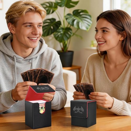 UAONO Card Deck Box for Yugioh MTG Cards, 100+ Deck Case with 2 Dividers Fits TCG CCG, PU Leather Card Storage Box Compatible with Collectible Trading Cards (Black&Red, Extinction Dragon) - color: A-Black&Reds