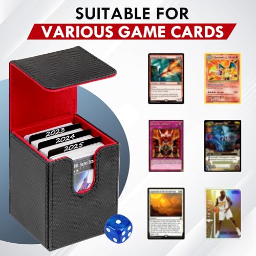 180+ Card Deck Box with 3 Dividers and Game Dice | red, dustproof, waterproof leather holds 180+ sleeved cards 110+ single-sleeved cards, 80+ double-sleeved - color: Red