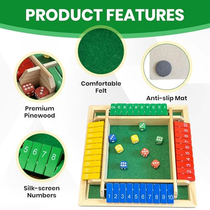 Shut The Box Dice Game, Wooden Strategy Board Game for 2-4 Players | Tabletop Math Game, 8 Dice Included, Velvet Storage Bag, Multicolor Design, Family Game Night, Pub Game - style: 4 Player-Multicolor