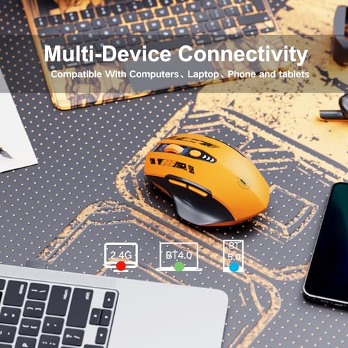 Uineer Bluetooth Mouse, Tri-Mode Wireless, Rechargeable, 3-Device Switch | Dual Bluetooth plus 2.4G connectivity, 3-device switching and a visible rechargeable battery level. - color: Yellow Black
