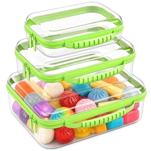 Clear Hard Shell Organizer Cases, 3 Pack with Handle | Durable PET shell with water-resistant, scratch-resistant surface for travel, toiletries, electronics and toys - color: Green