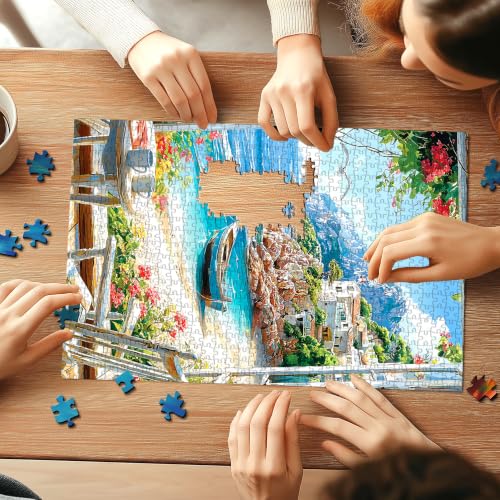 500 Piece Puzzle for Adults, Mediterranean Coastal Beach 500 Piece Jigsaw Puzzle, Vibrant Ocean Window View with Boat and Blooming Flowers Puzzle, Perfect for Family Game Night - color: Coastal Beach