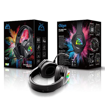 OLDGUN-M50 Gaming Headset Microphone That Will Never be Damaged Stereo Headset for PC/PS4/PS5 Controller, Over Ear Headphones with RGB Light Noice Cancelling Microphone and Soft Earmuffs