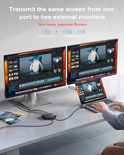 4K HDMI Splitter 1 in 2 Out Copy Same Content to 2 Screens (Mirror Only) | HDMI Splitter 1x2 Not Extend Display, Audio & Video Synchronization, Works with Laptop,TV,Monitor(Hdmi Cable Not Included)