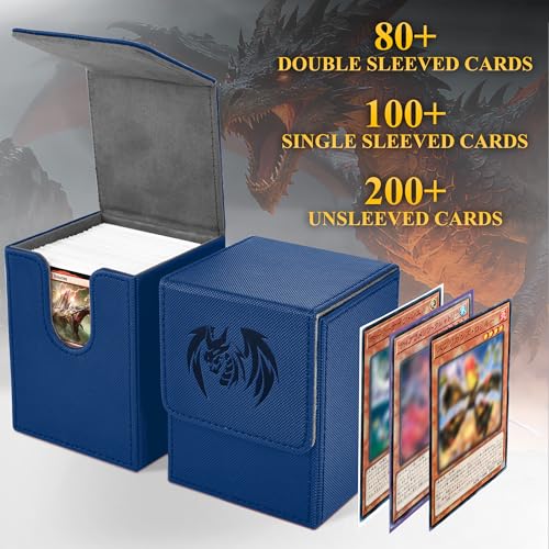 UAONO Card Deck Box for Yugioh MTG, 100+ Deck Case with 2 Dividers Fits TCG CCG PTCG, PU Leather Strong Magnet Card Storage Box Compatible with Magic Commander Trading Cards (Navy, Sky Dragon) - color: A1-Blue