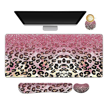 ARTSO Extended Gaming Mouse Pad Set, Keyboard Wrist Rest Support Pad + Wrist Cushion + XXL Large Mouse Pad + Coaster, Stitched Edge, Non-Slip, Memory Foam Desk Mat, Pink Leopard Print - color: Pink Leopard Print