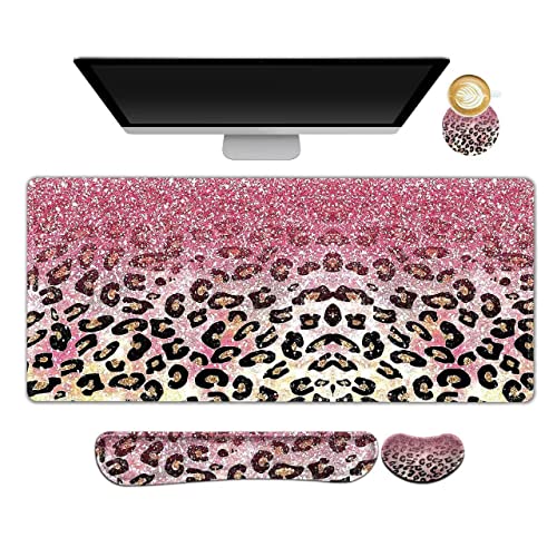 ARTSO Extended Gaming Mouse Pad Set, Keyboard Wrist Rest Support Pad + Wrist Cushion + XXL Large Mouse Pad + Coaster, Stitched Edge, Non-Slip, Memory Foam Desk Mat, Pink Leopard Print - color: Pink Leopard Print