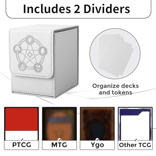 Card Deck Box with 2 Dividers, MTG Commander Deck Box Holds 100+ Double-Sleeved Cards, Leather Magnetic Deck Case Compatible with Magic TCG CCG Cards, White - color: 2. White, size: 100 Double-sleeved Cards Vertical