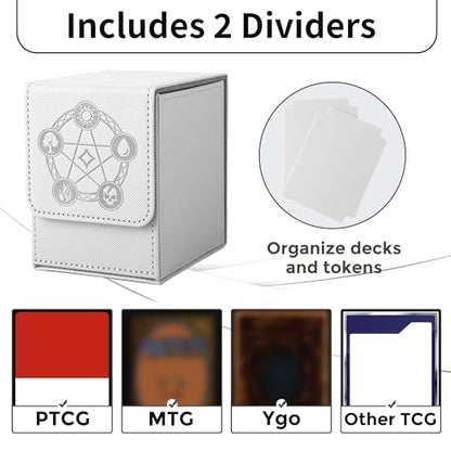 Card Deck Box with 2 Dividers, MTG Commander Deck Box Holds 100+ Double-Sleeved Cards, Leather Magnetic Deck Case Compatible with Magic TCG CCG Cards, White - color: 2. White, size: 100 Double-sleeved Cards Vertical