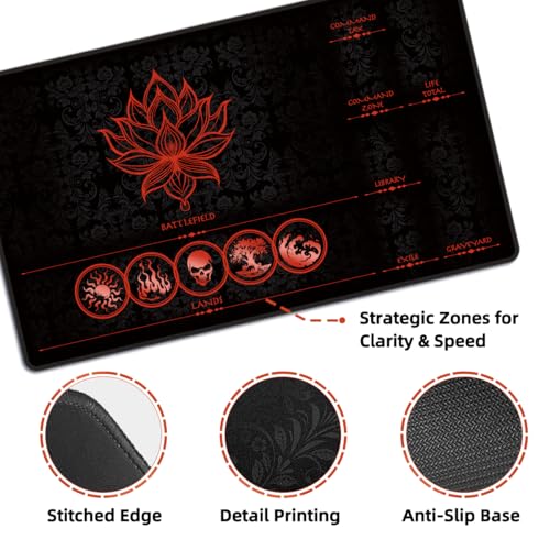 MTG Playmat with Zones – Lotus Sketch Red 24x14 Card Game Mat for Magic The Gathering, Stitched Edge, Non-Slip Rubber Base with Prismatic Playmat Tube – Lotus Red Zone - color: Lotus Red Zone