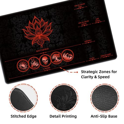 MTG Playmat with Zones – Lotus Sketch Red 24x14 Card Game Mat for Magic The Gathering, Stitched Edge, Non-Slip Rubber Base with Prismatic Playmat Tube – Lotus Red Zone - color: Lotus Red Zone