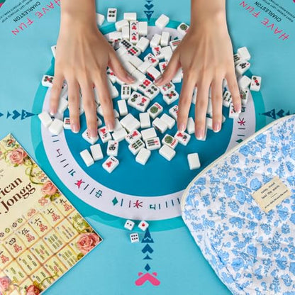 Travel American Mahjong Tile Set | 166 PCS 0.8 Inch Mini Mahjong Game Tiles, 4 Wooden Racks, Floral Storage Bag, 3 Dice & Beginner's Guide, Complete Portable Set - color: White