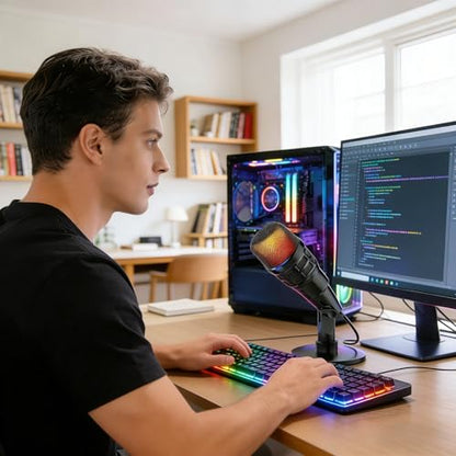 USB Condenser Microphone for Podcasting & Streaming, RGB PC Mic w/Mute, Gain, Shock Mount,Compatible with PS4/5 PC Compatible