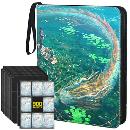 Trading Card Binder, 3-Ring Zippered for Standard 2.5"x3.5" TCG and Sports Cards, 9-Pocket Double-Sided Pages, 50 Sheets/900 Pockets, Acid-Free PVC-Free, PU Cover, Wrist Strap - Lake Art Design - color: Lake Dragon Teal