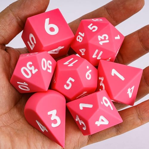 7-Piece Jumbo Silicone DND Dice Set, 25mm Oversized D&D Dice | Round Edges Soft Perfect Bouncer Compatible with Dungeons and Dragons RPG Bar Pub Club Party Games - color: Pink W/White Numbers