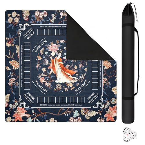 Mahjong Mat with Black Carrying Bag, 31.5"x31.5" Anti-Slip Noise Reduction Gaming Mat for Mahjong, Poker, Board Games, 3 Dice & Black Storage Bag - color: Dark Blue