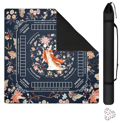 Mahjong Mat with Black Carrying Bag, 31.5"x31.5" Anti-Slip Noise Reduction Gaming Mat for Mahjong, Poker, Board Games, 3 Dice & Black Storage Bag - color: Dark Blue