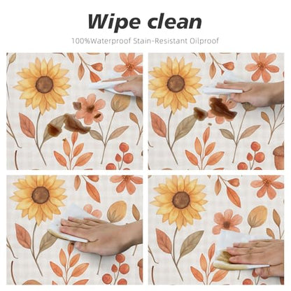 Famame Fall Foliage Sunflower on Plaid Round Fitted Tablecloth with Elastic Protector Table Kitchen Dinner Waterproof Oil-Proof Table Covers Fits 40"-44", Small - color: Fall Foliage Sunflower, size: Small (40"-44")