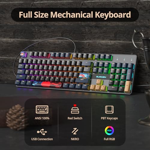 Full Size Mechanical Keyboard, Creamy Keyboard with Number Pad, 104 Keys Wired Gaming Keyboard with Red Switch, RGB Backlit for PC Laptop - color: Blue Samurai B
