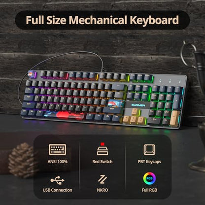 Full Size Mechanical Keyboard, Creamy Keyboard with Number Pad, 104 Keys Wired Gaming Keyboard with Red Switch, RGB Backlit for PC Laptop - color: Blue Samurai B