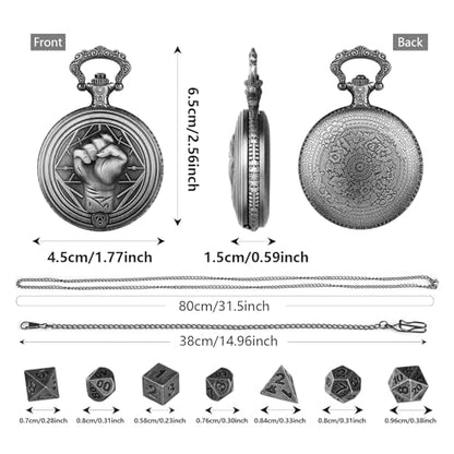 Mini DND Dice Set with Steampunk Monk (Fist) Pocket Watch Case, Tiny 7PCS Polyhedral Metal D&D Dice, DND Gifts with Gift Box, Role Playing Game Board Game Accessories Dice, Dark Silver - color: Dark Silver