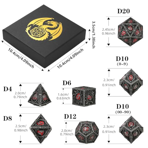 Metal Dice Set, Dragon Eye Theme, 7pcs Polyhedral Metal DND Dice Set, DND Starter Set, D&D Gifts with Gift Box, Role Playing Board Games Accessories, Red Black Silver - color: Red Black Silver With Gift Box