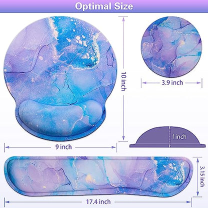 Mouse Pad Purple, Mouse Pad with Wrist Rest Set, 3-in-1 | Wrist Support Mousepad Set,Gaming with Anti-Skid Base,Ergonomic Memory Foam Keyboard Gel Wrist Rest - color: Purple Blue Marble