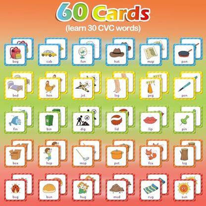 Aizweb CVC Word Match Game - 60 Pc Toddler Card Games for Kids Ages 3-6, Phonics Flash Cards for Preschool & Kindergarten Learning Activities, Educational Toys for Home School Supplies - style: CVC Words