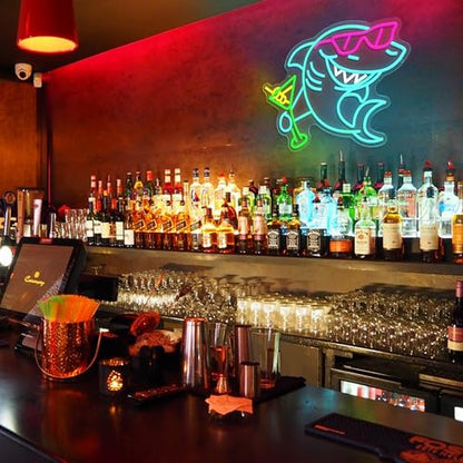 Shark Cocktail Neon Sign Shark Martini Neon light Dimmable LED Sunglasses Shark Light Up Sign for Wall Decor Man Cave Bar Pub Party Home(12.6 * 16.54In) - style: Shark Cocktail